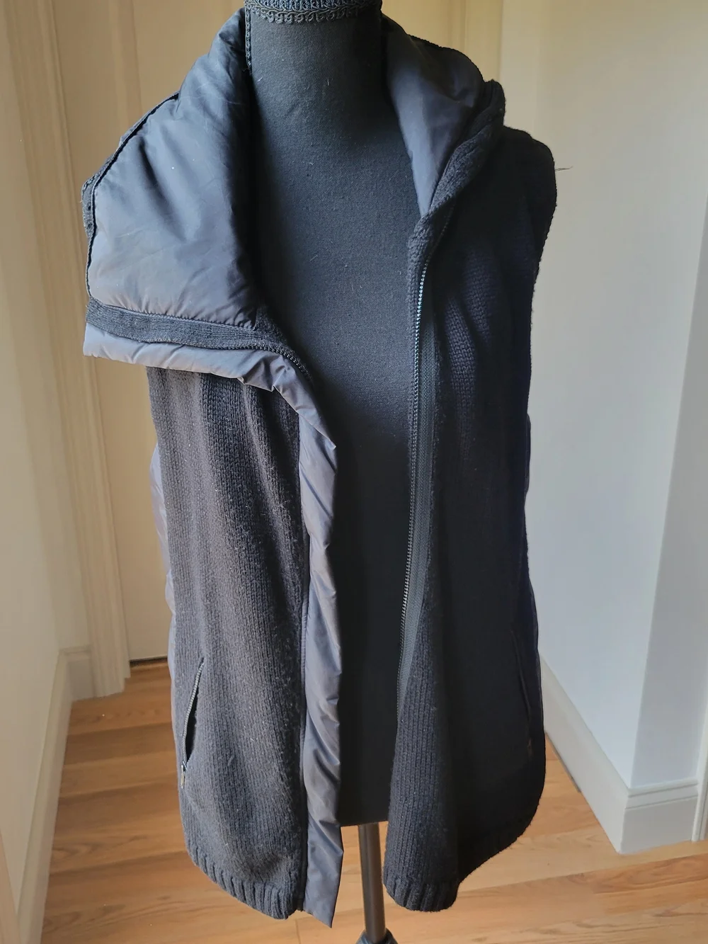 Eileen Fisher Merino Wool Asymmetrical Zip Funnel Neck Vest Black S